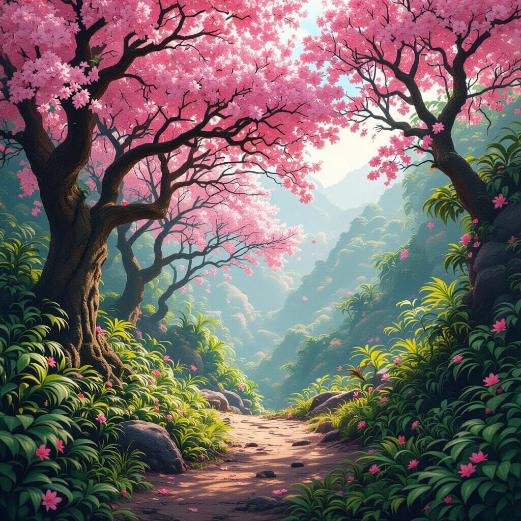 Vibrant Forest: Cherry Blossoms Meet Jungle, Matte Painting