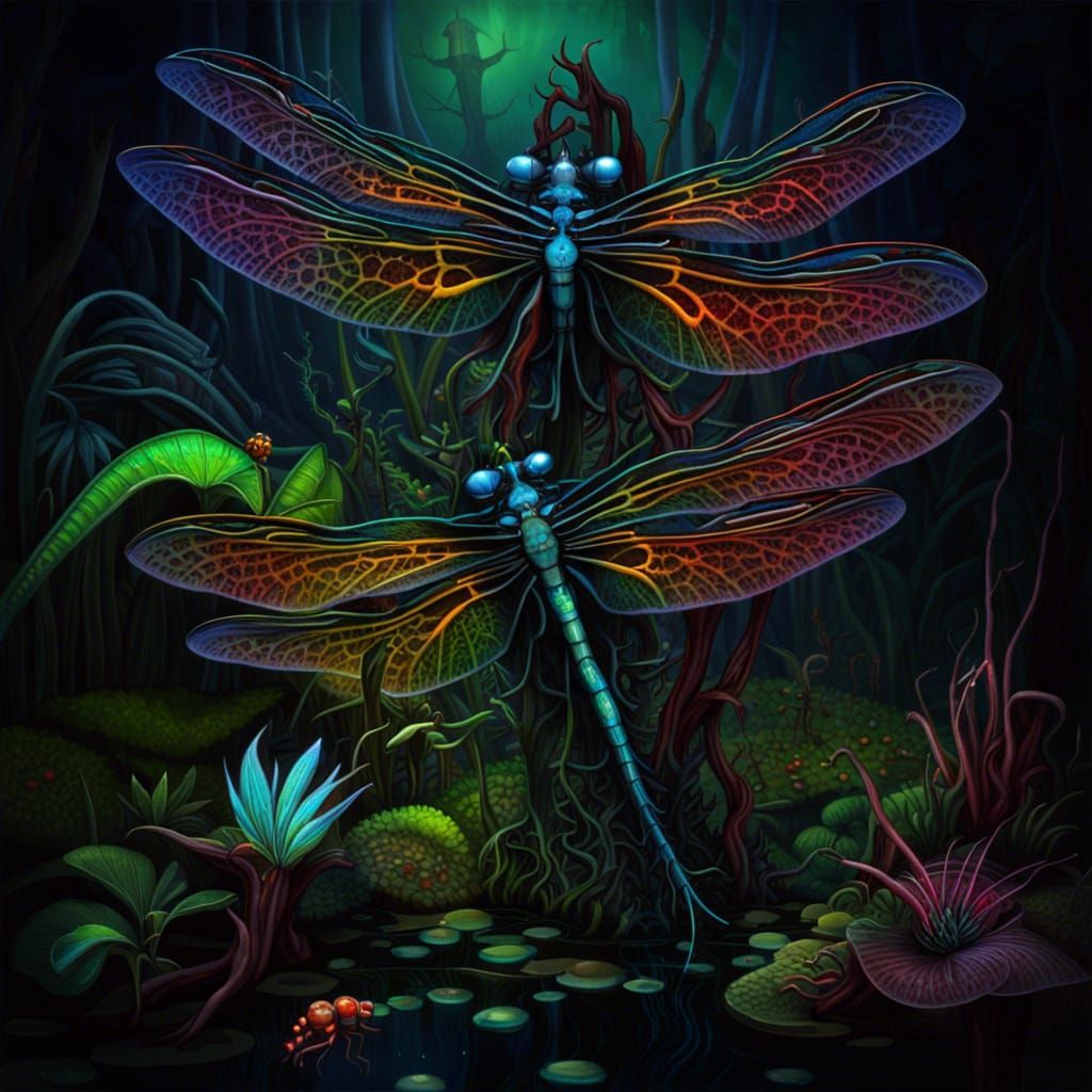 Bioluminescent Dragonflies in Carnivorous Wetland