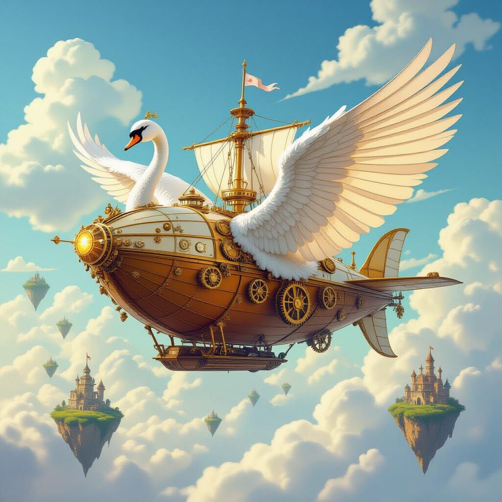 Steampunk Swan Airship Soaring in Ghibli Style