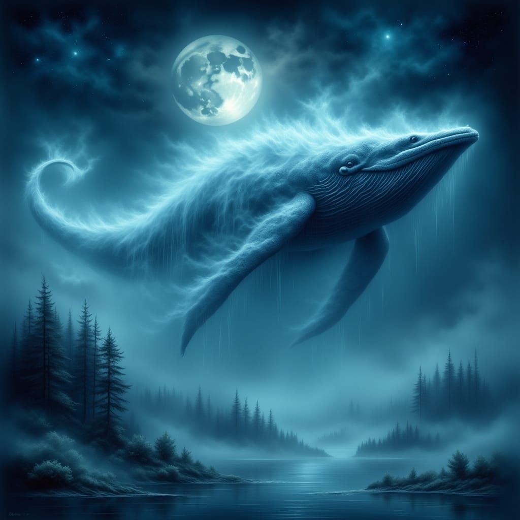 Giant Mist Whale Floating in Moonlit Sky