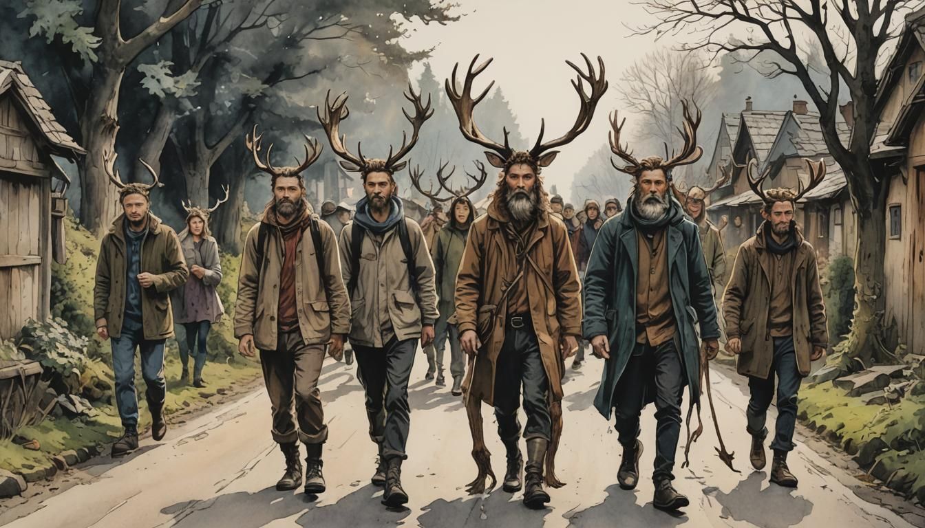 Ink Drawing of Antlered People on Village Road