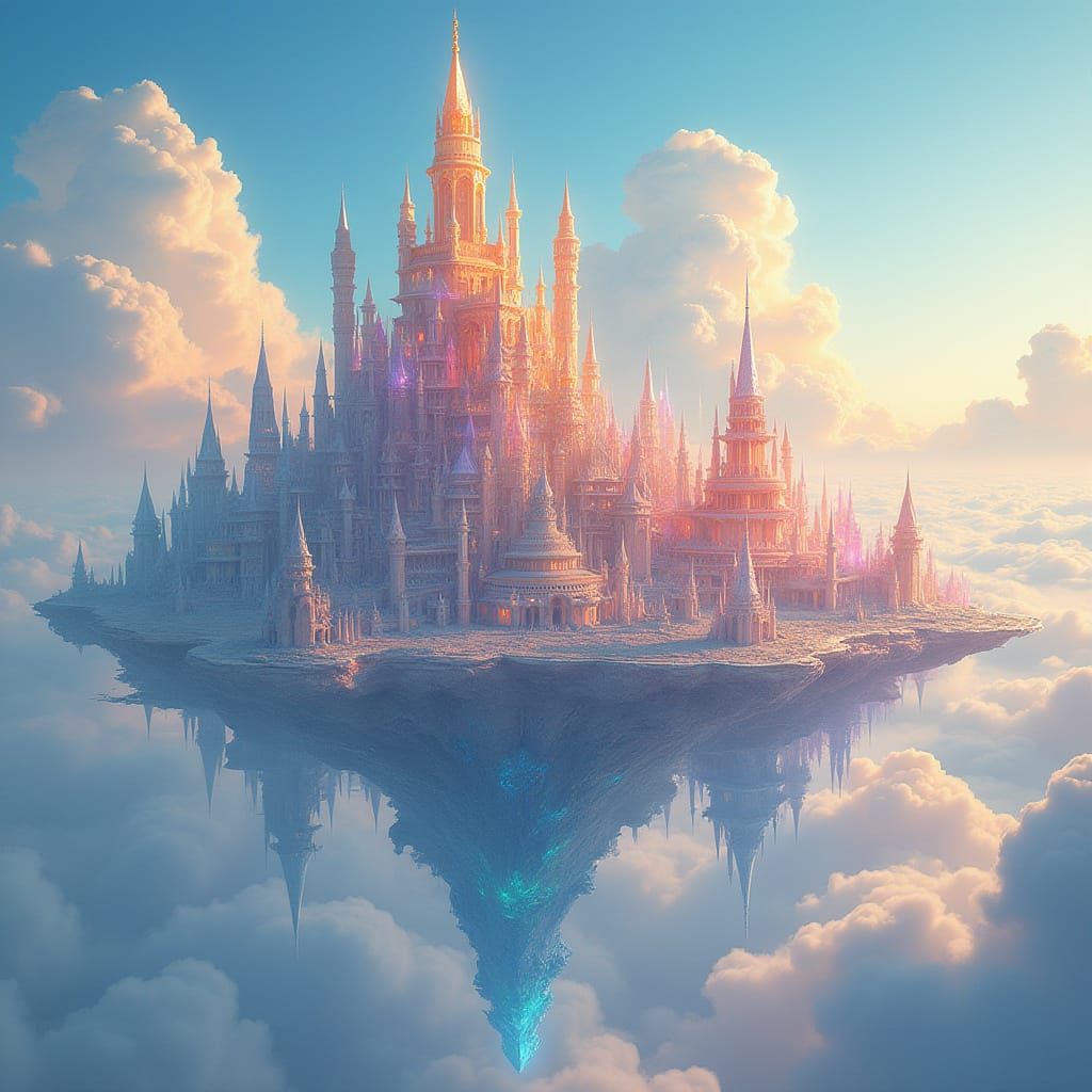 Floating Crystal City with Bioluminescent Energy