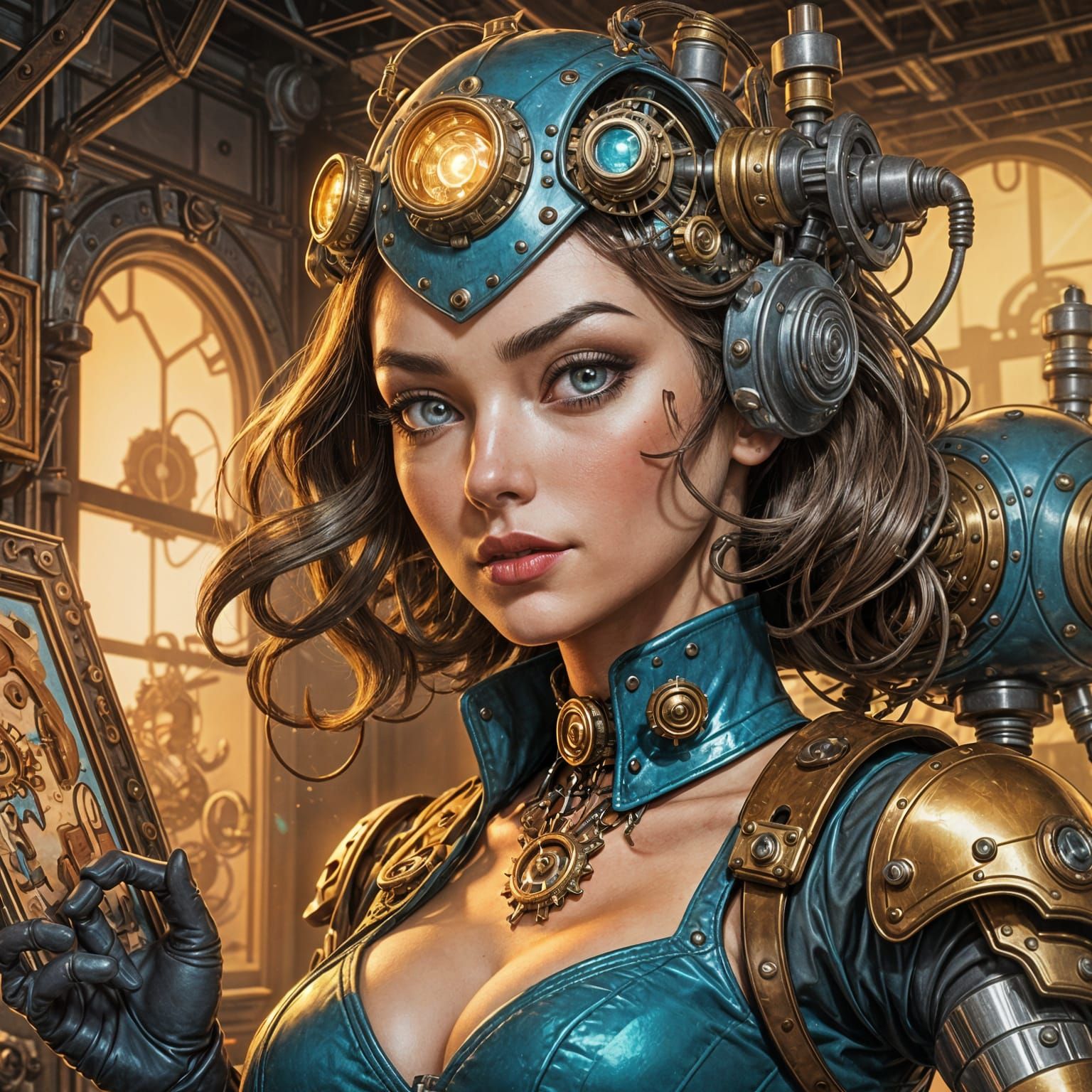 Cartoon art. A beautiful female steampunk robot