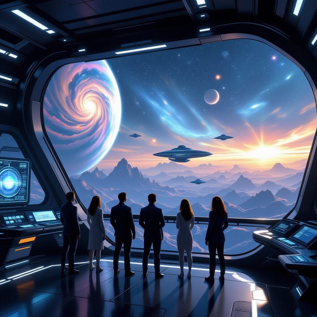 Diverse Crew on Starship Bridge Gazing at Galaxy