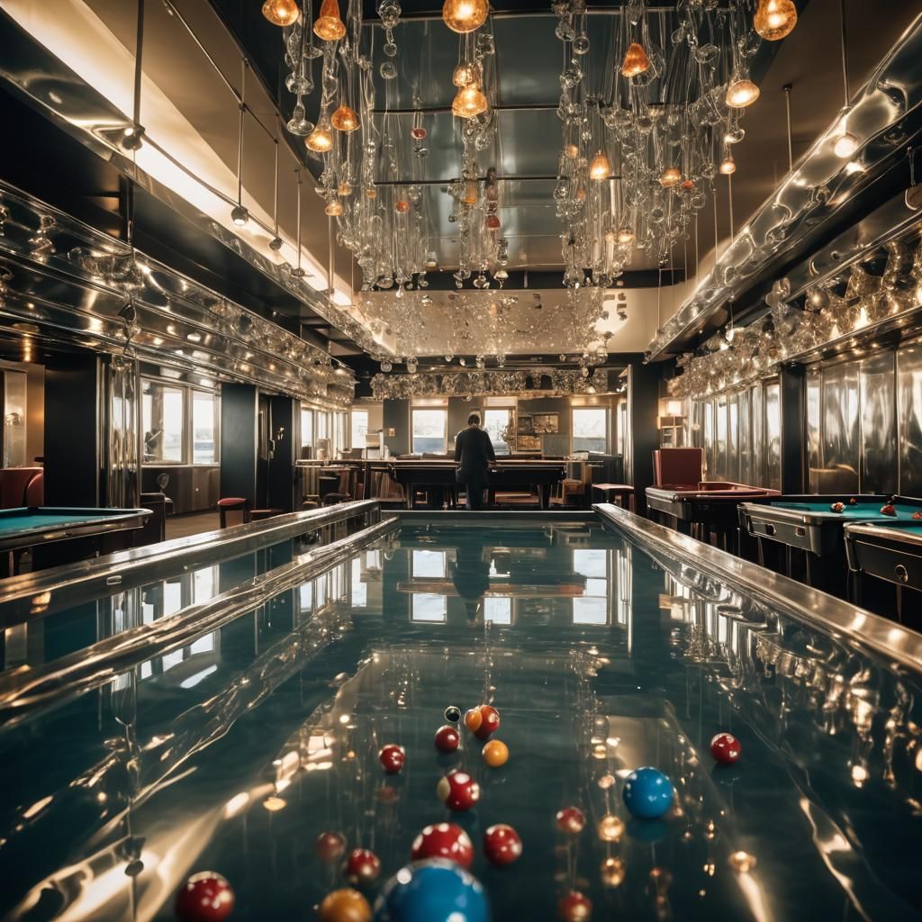 Surreal Hallway with Pool Tables and Liquid Metal
