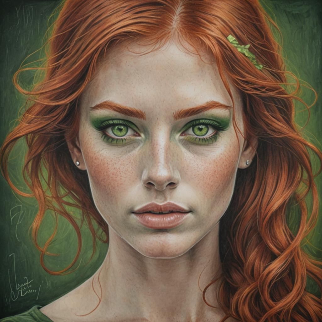 Chalk Drawing of a Beautiful Red-Haired Woman