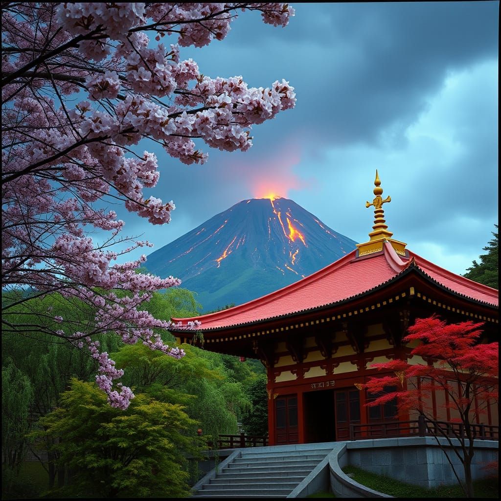 Surreal Japanese Temple Amidst Cherry Blossoms and Lava Flow