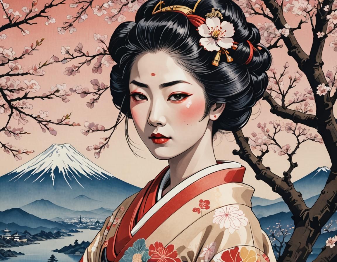 Ukiyo-e Geisha Portrait with Mount Fuji