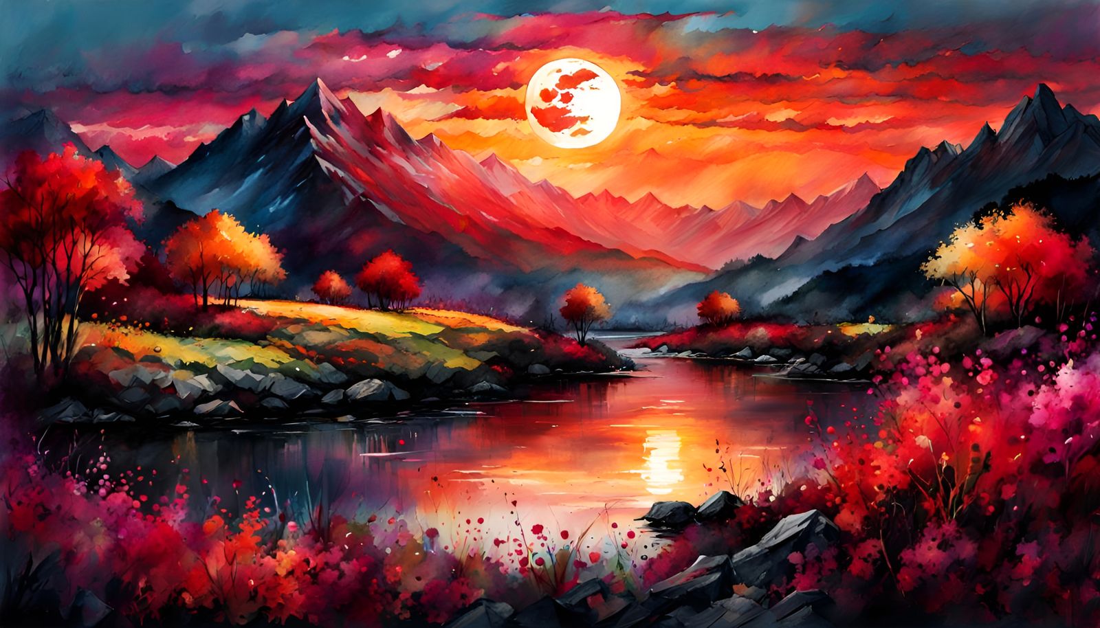 Blood Moon Digital Watercolor Summerscape Illustration