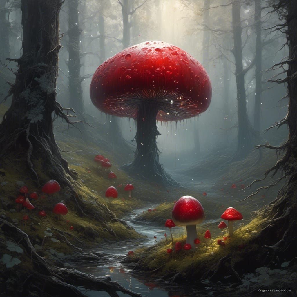 Shining Apple in Frozen Forest with Mushrooms