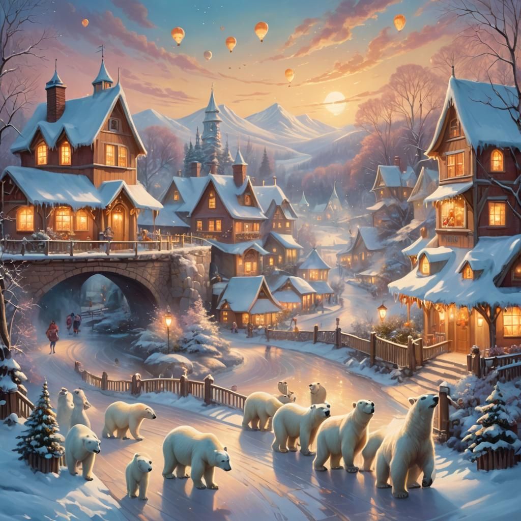 Polar Bears Ice Skating in Cozy Winter Village