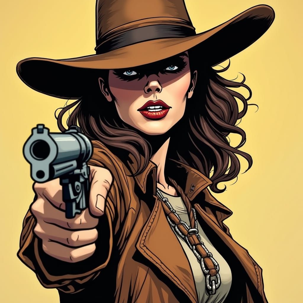 Stern Cowboy Woman with Gun in Comic Style