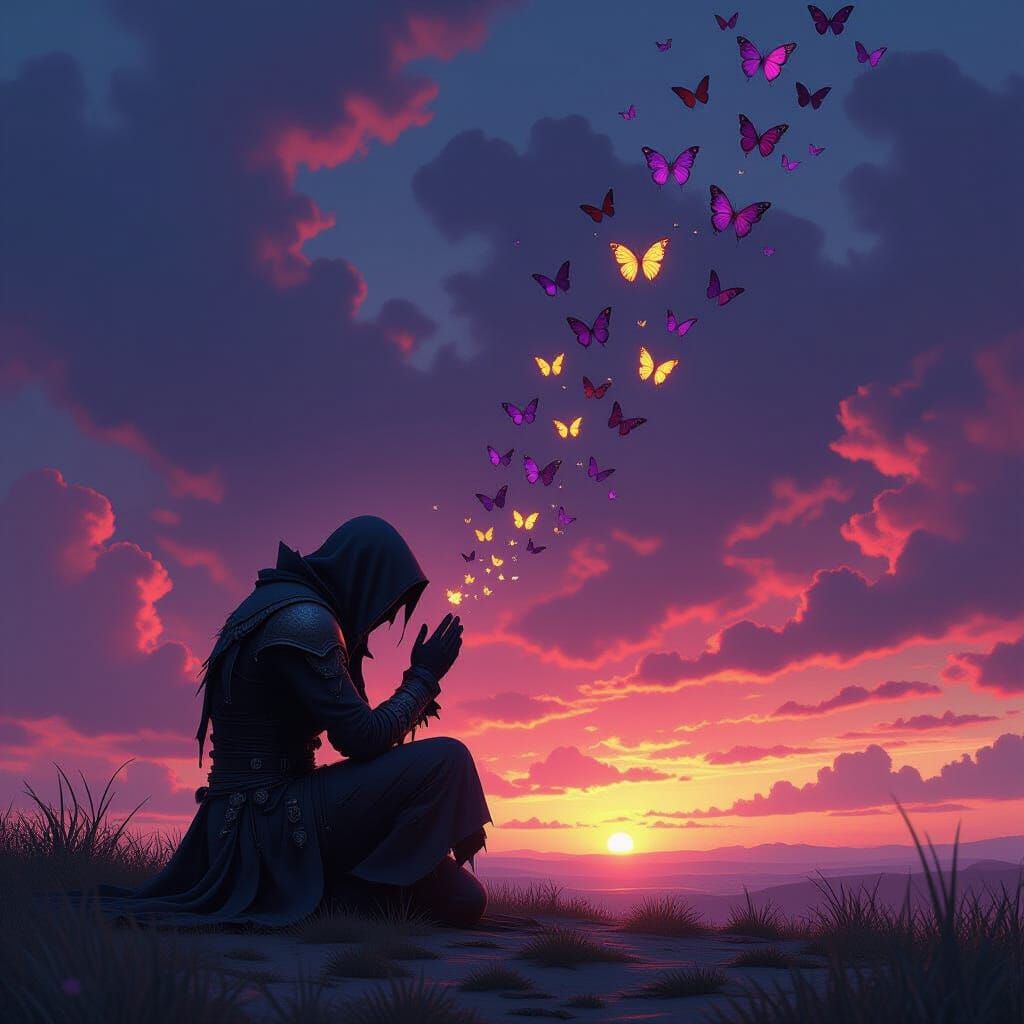 Figure in Reverence Beneath Bleeding Sky