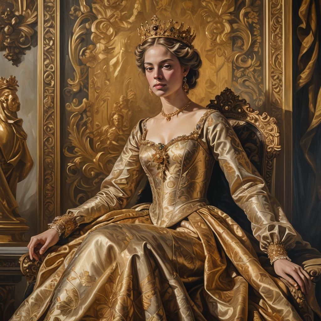 Regal Woman on Throne in Baroque Oil Painting