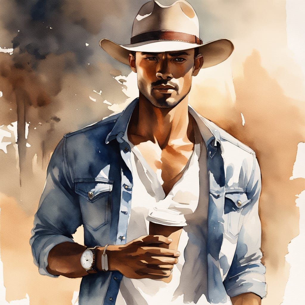 Muscular Men in Denim Walk Together in Watercolor Style