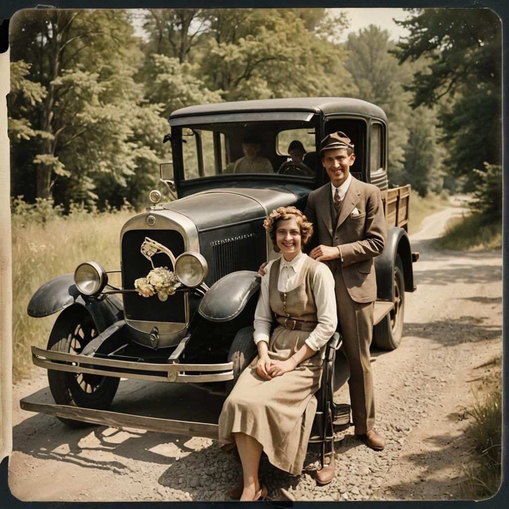1920s Couple and Truck: Nostalgic Polaroid Photo