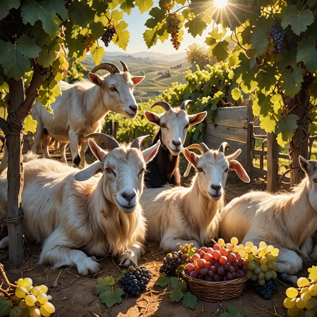Hyperrealistic Goats Enjoying Grapes in Vineyard