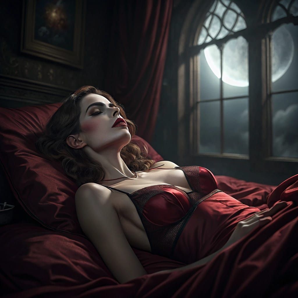 Vampire Woman in Bed: Photorealistic Gothic Scene