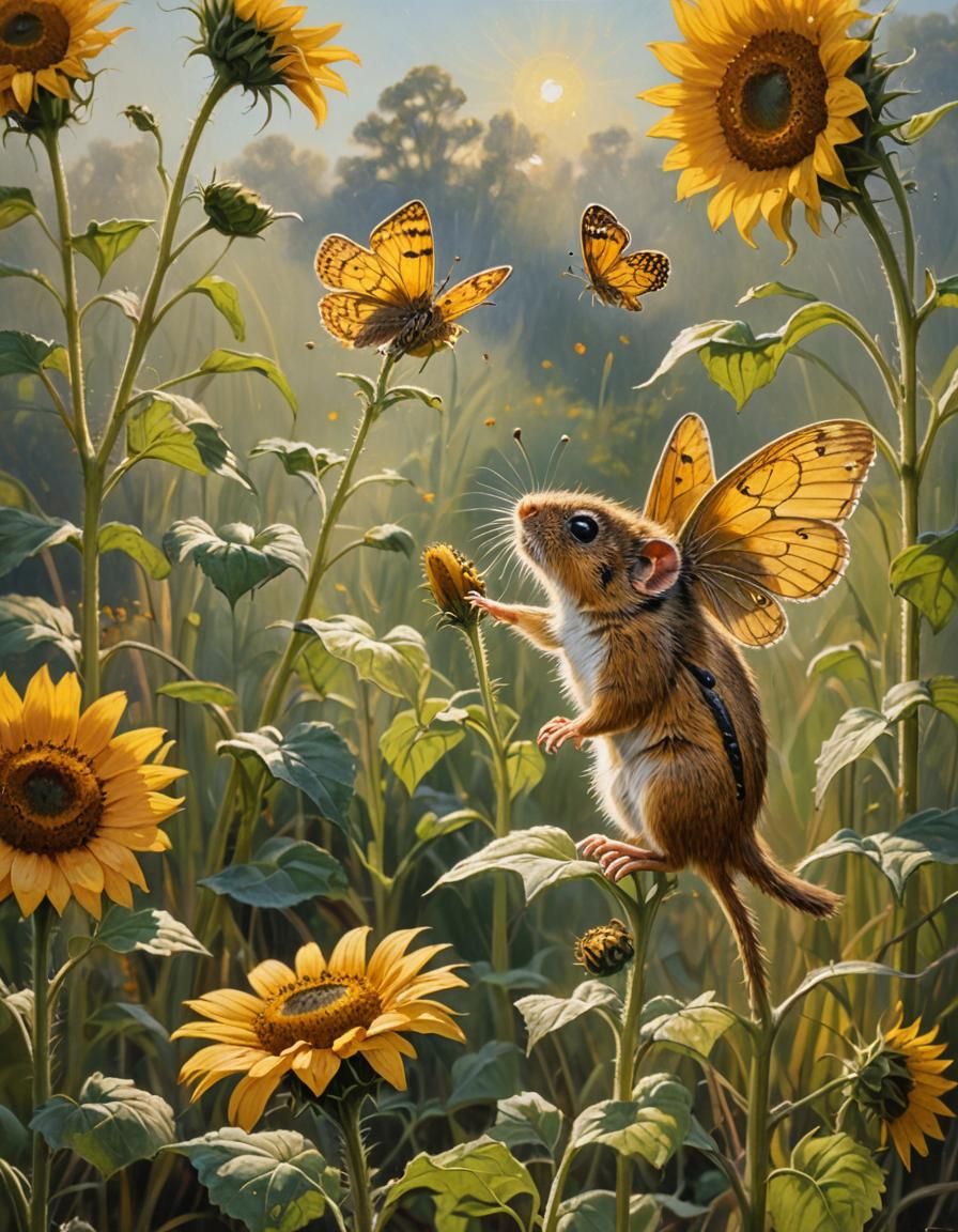 Harvest Mouse with Butterfly Wings, Gurney-style Oil Paintin...
