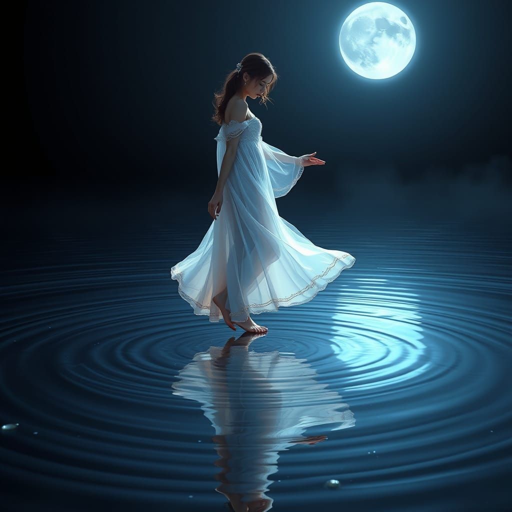 Ethereal Goddess Steps onto Moonlit Lake