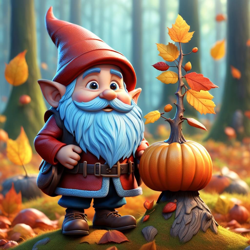 Kind Autumn Gnome in Pixar Style