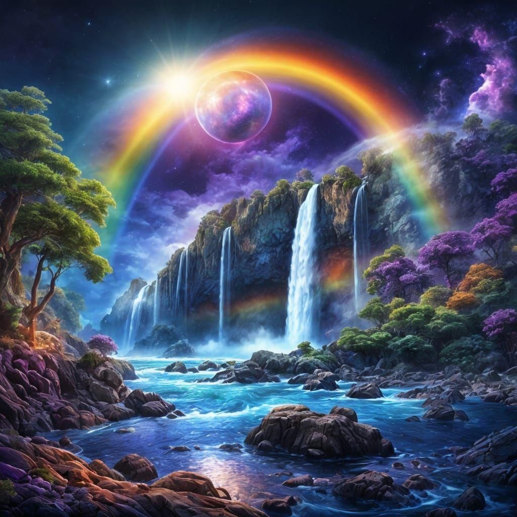 Rainbow Planet Waterfalls in Hyperdetailed Digital Art