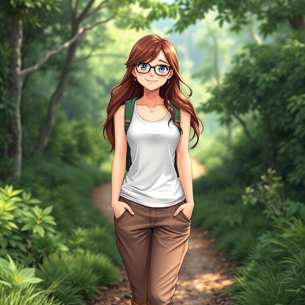 Confident Woman on Hiking Trail in Anime Style