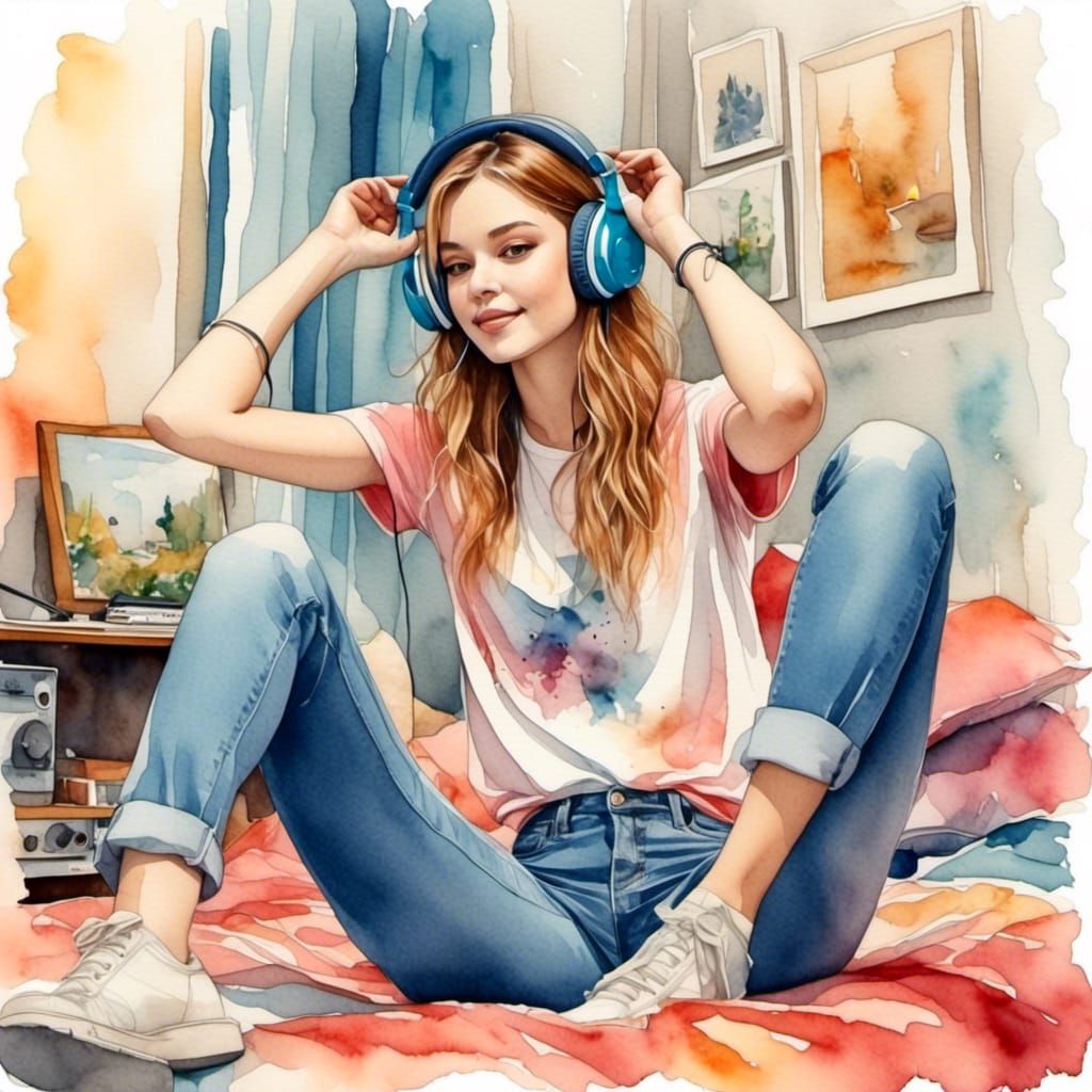 Teenage Girl Dancing in Bedroom, Watercolor Style