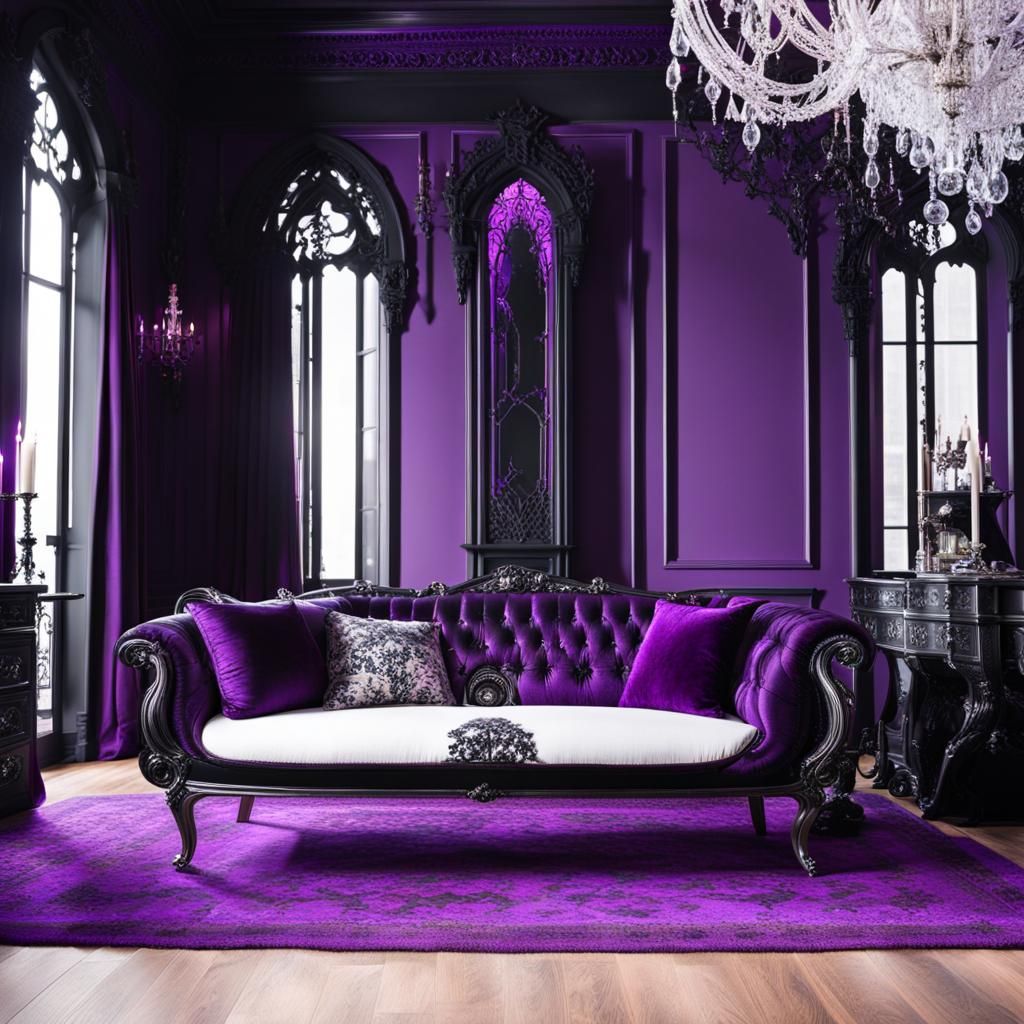 Gothic penthouse with purple walls& huge ethereal gothic win...