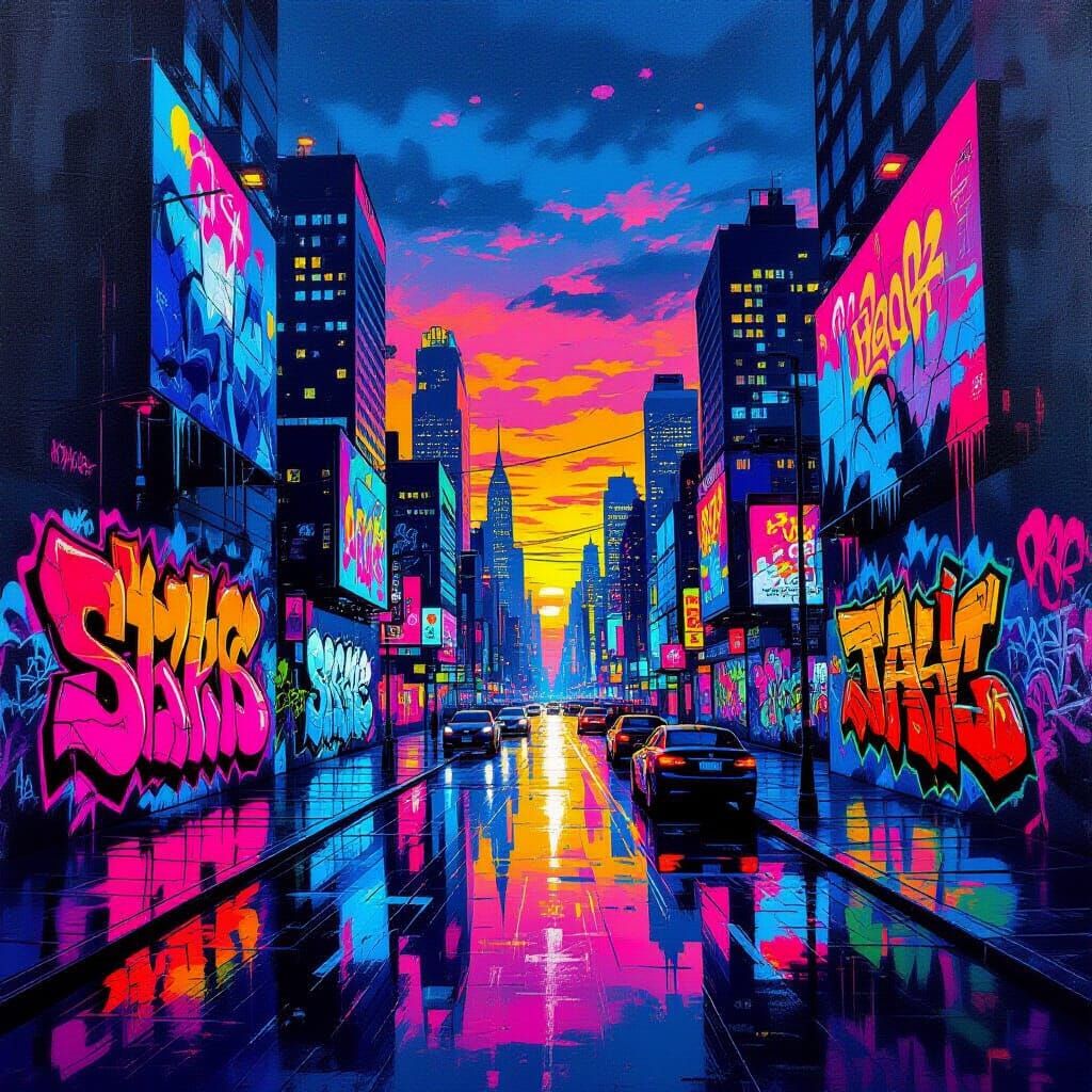 Polychromatic Neon Cityscape with Graffiti Art