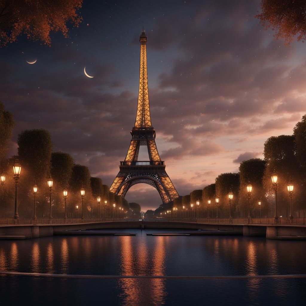 Eiffel Tower Paris Night Photography in Detailed Matte Paint...