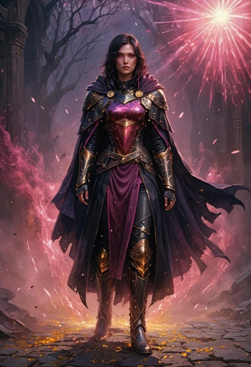 Armored Woman with Pink Eyes in Dark Fantasy Style