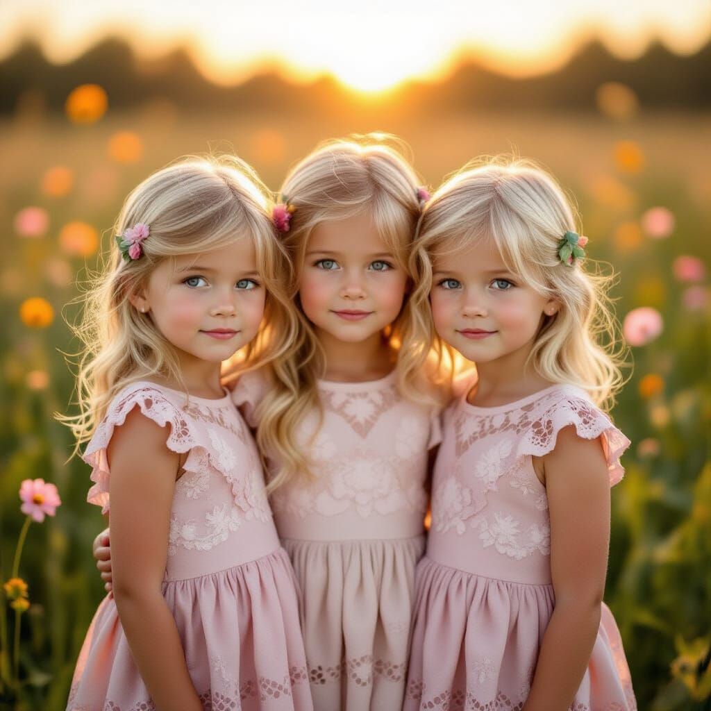 Three Blonde Twin Girls in Pink Lace Dresses