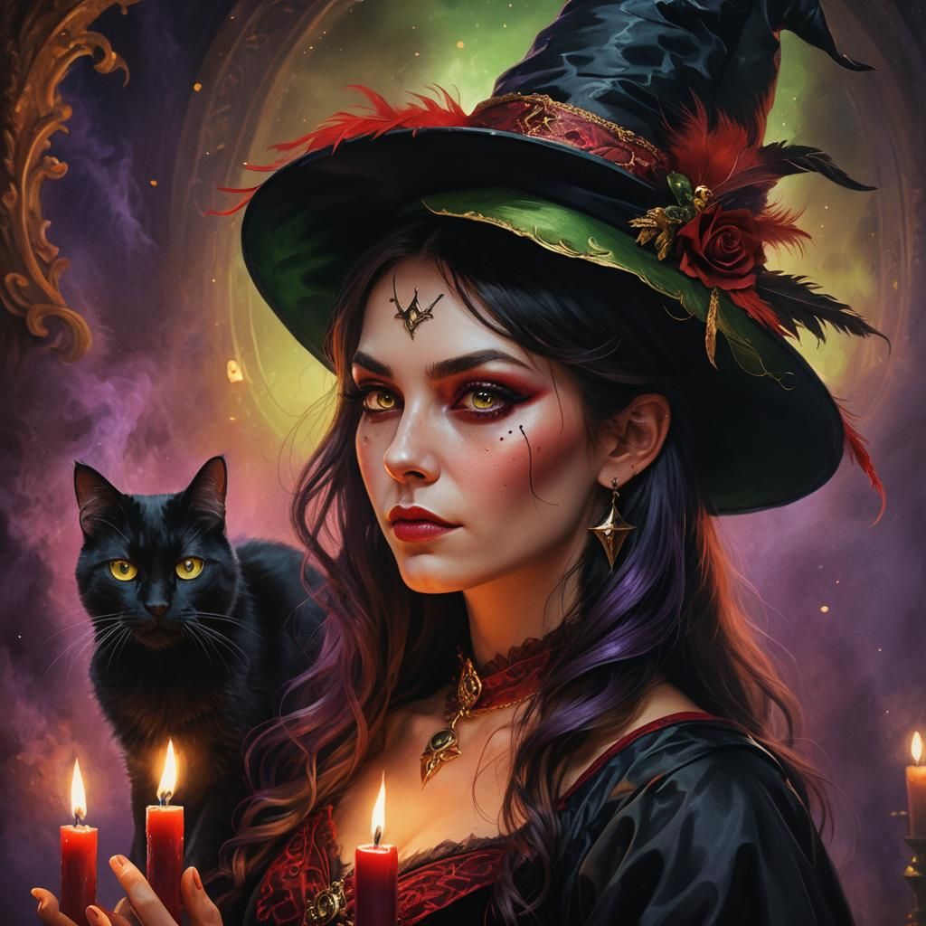 Young Witch and Black Cat Portrait in Fantasy Art Style