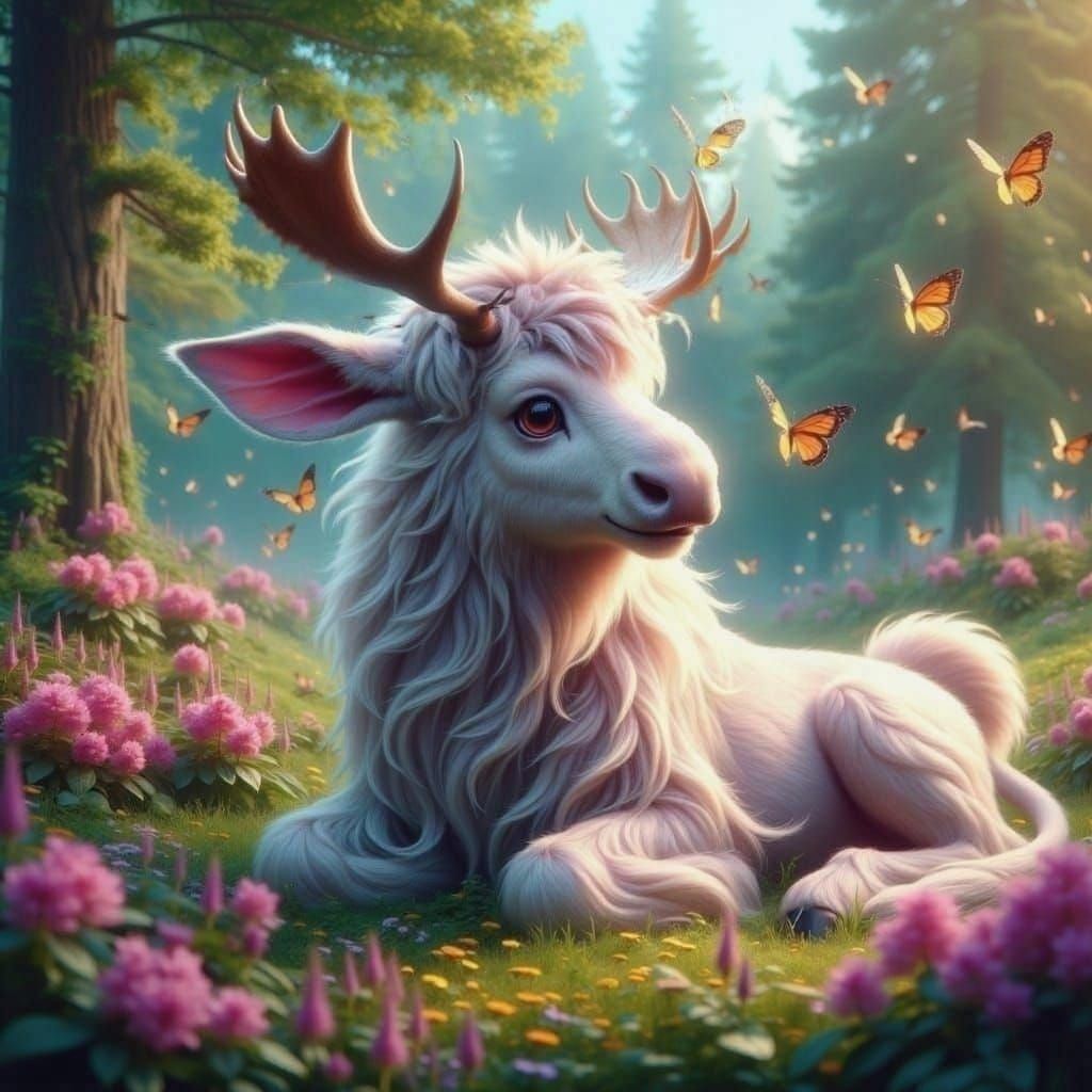 Hyperrealistic Moose-Buffalo Hybrid in Flower Garden