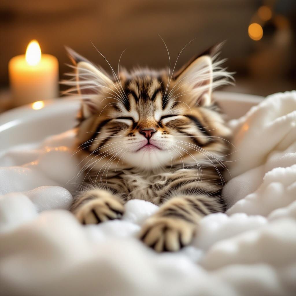 Adorable Kitten Enjoys Bubble Bath Spa Evening