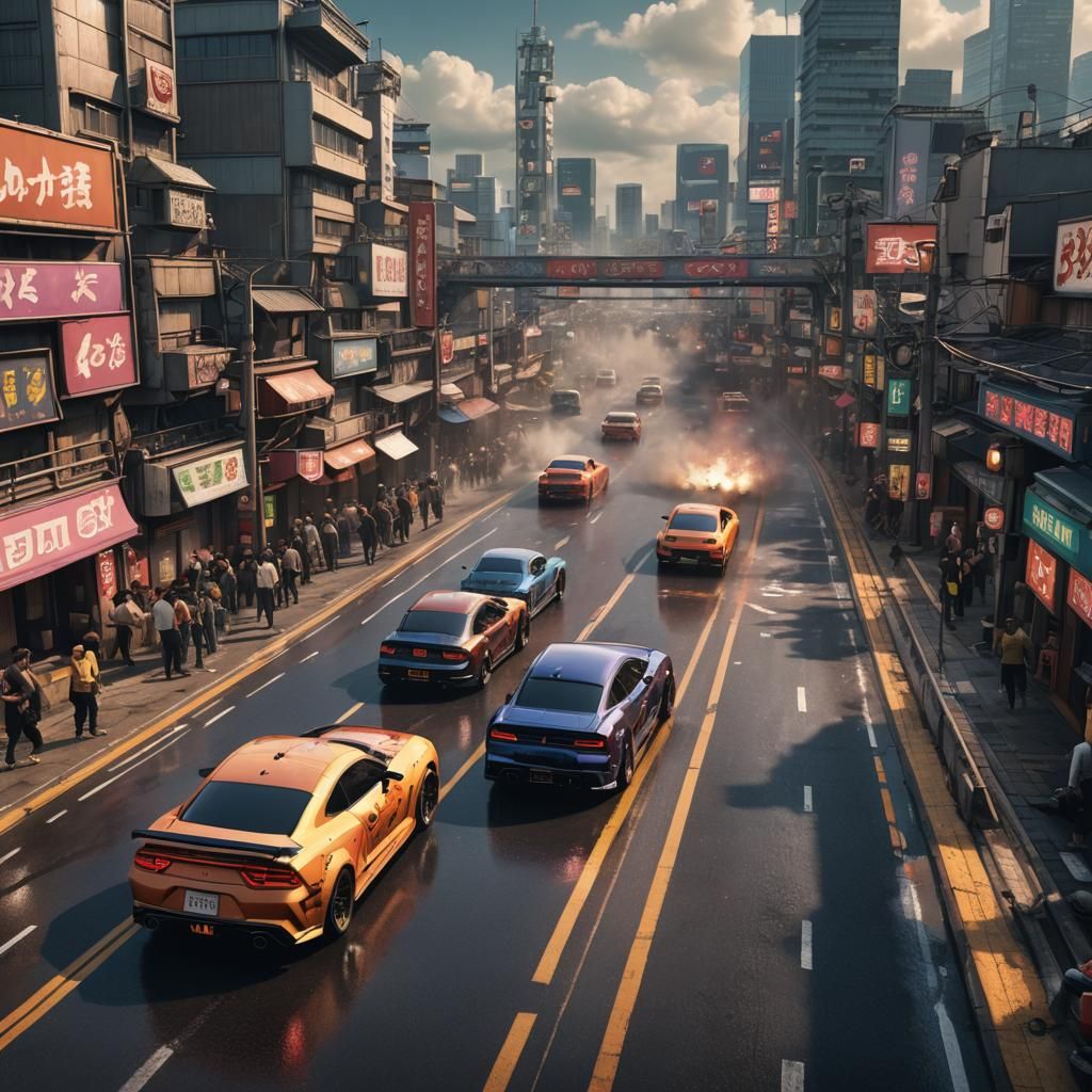 Tokyo Drag Race: Detailed Matte Painting in Deep Color