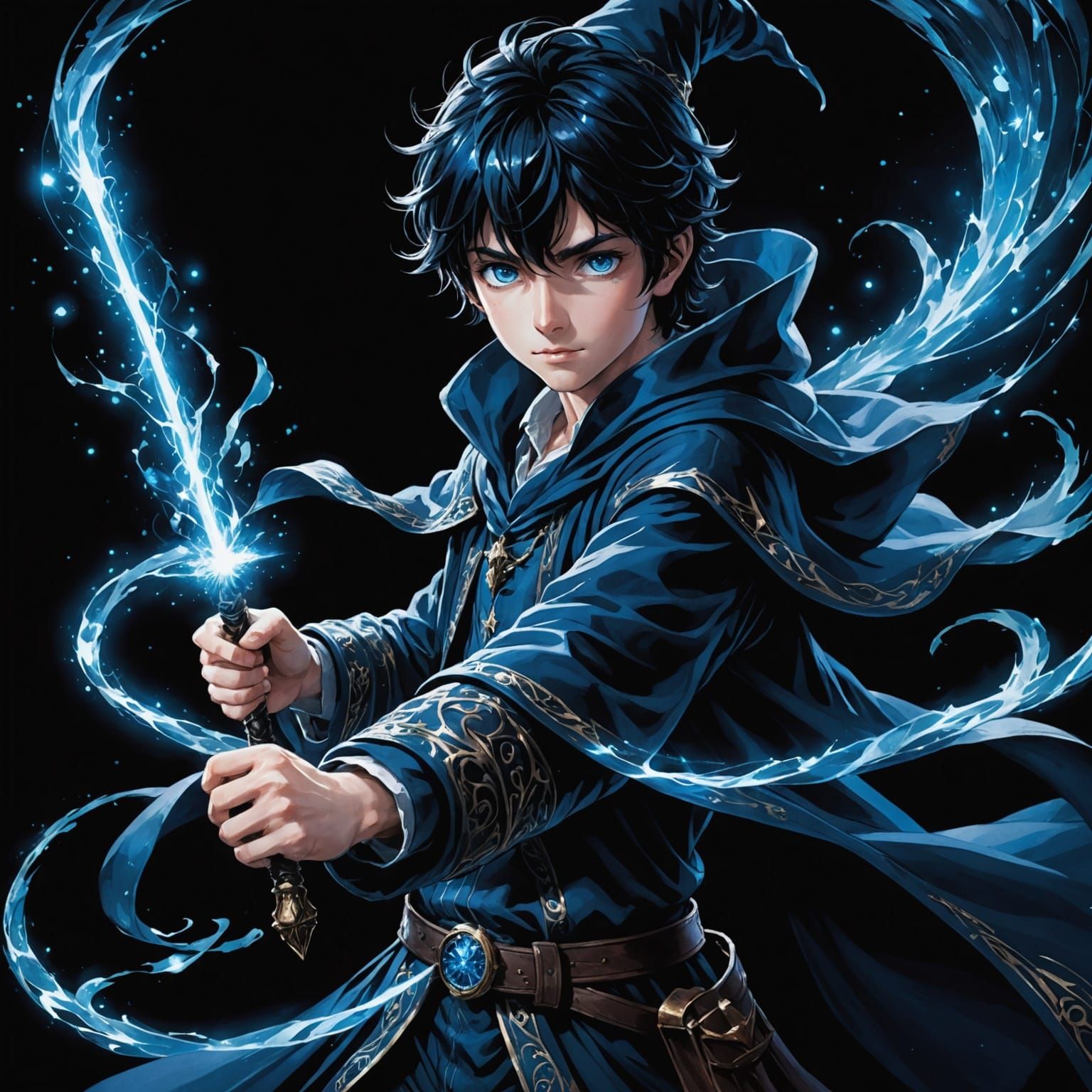 Anime Wizard with Blue Sparkles in Chiaroscuro