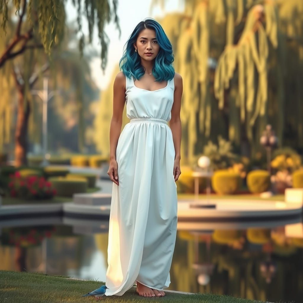 Ethereal Goddess in Azure Hair and White Linen, in a Dreamy...
