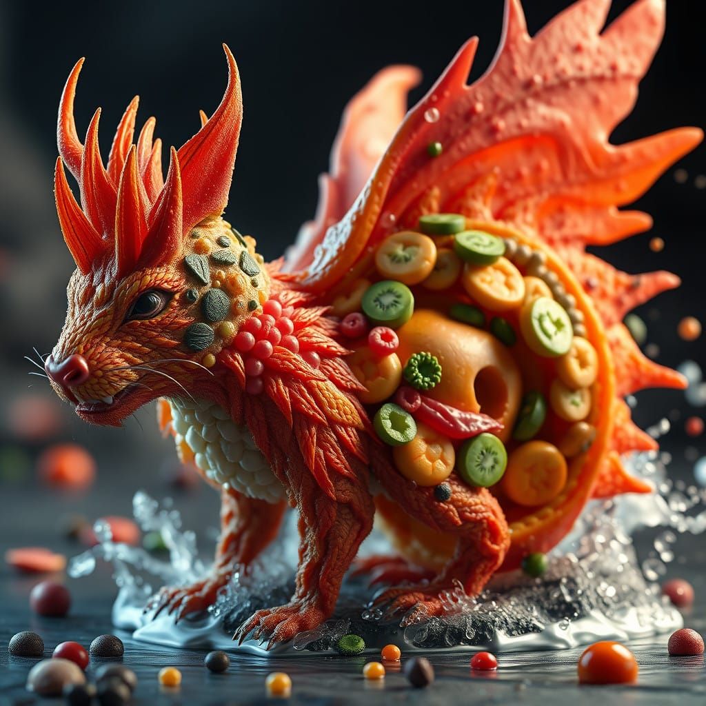 Surreal Food Creatures in Vibrant Fantasy Landscapes