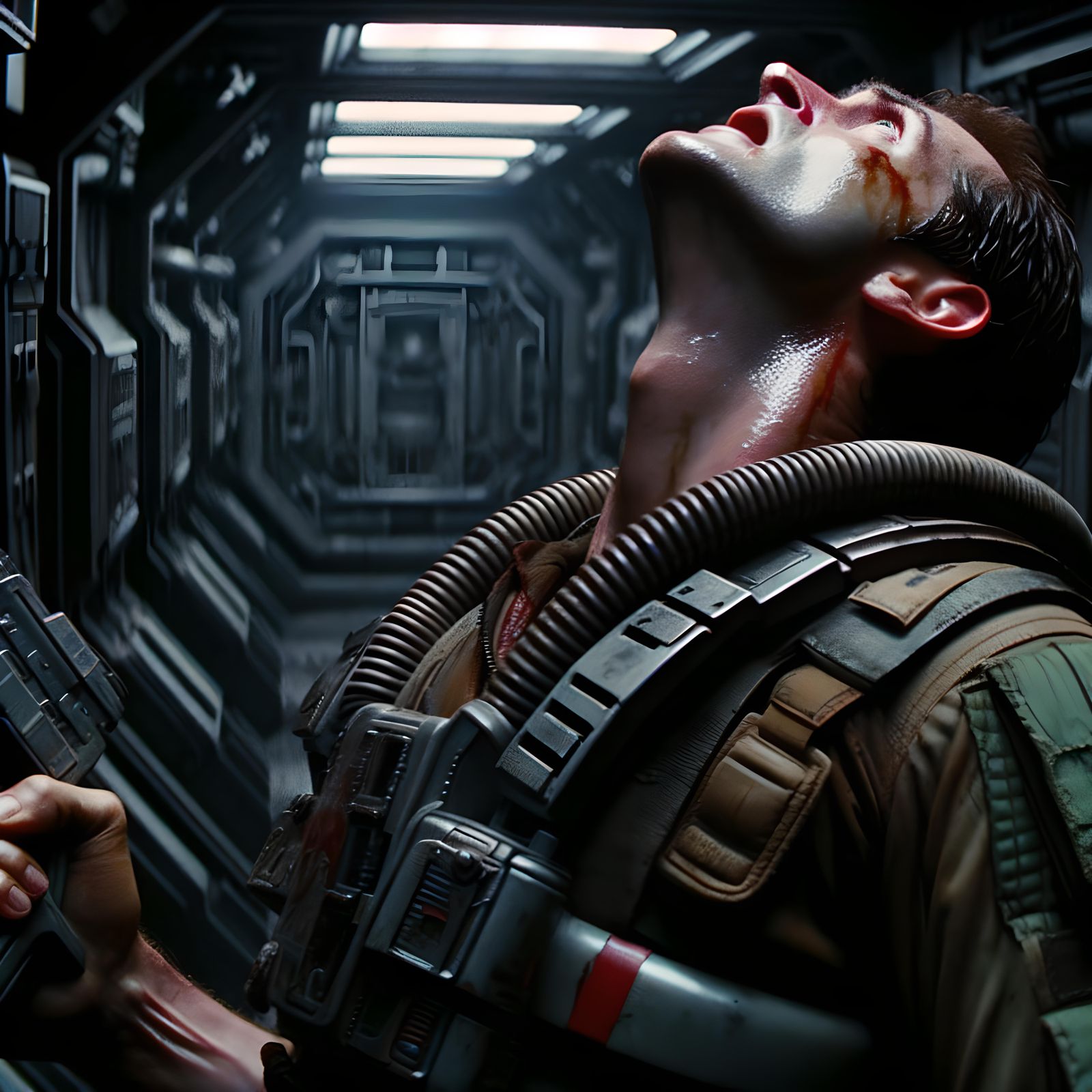 Terrified Space Marine Gazer in Dimly Lit Station