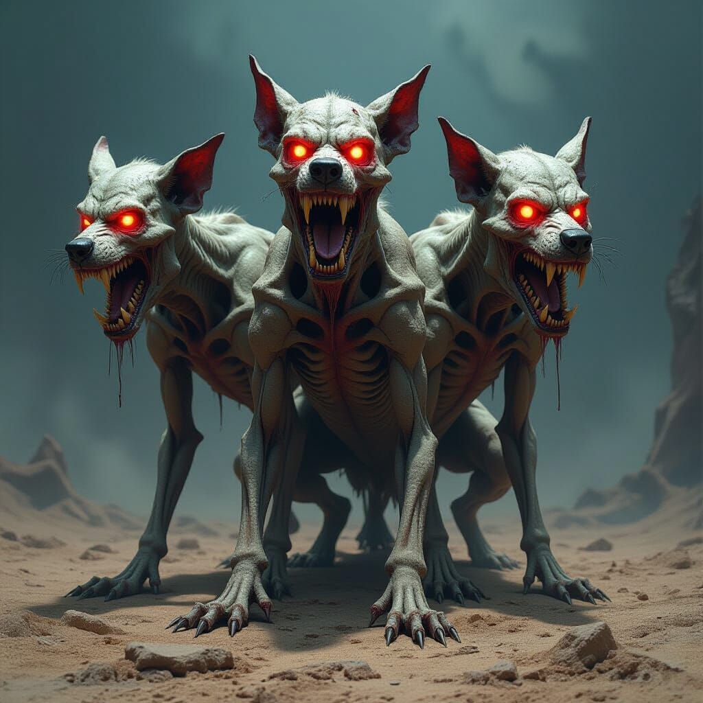 Three-Headed Undead Dog in Dark Fantasy Horror Style