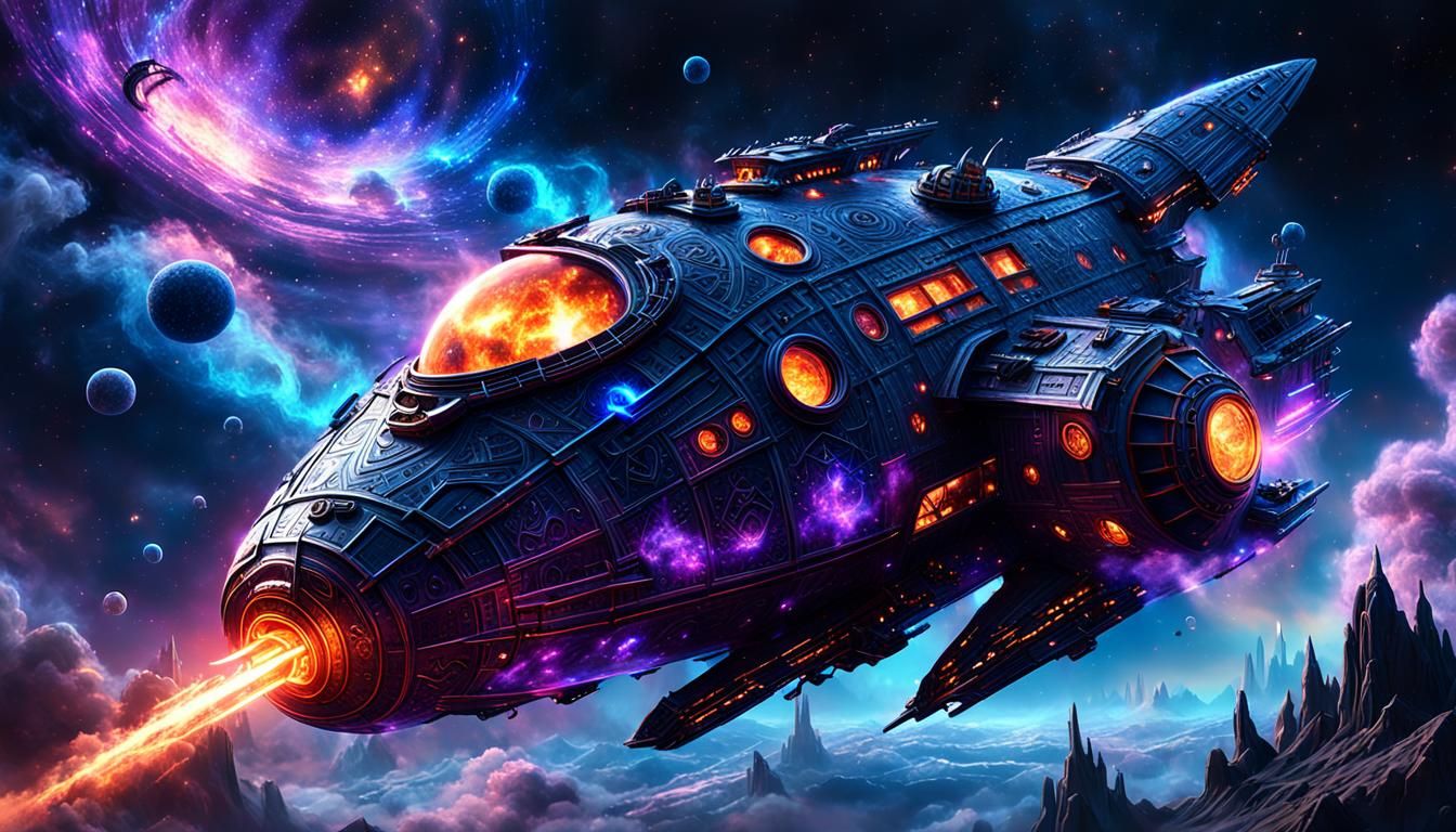 Galactic Vessel Drifting Through Nebula in Gothic Art Style