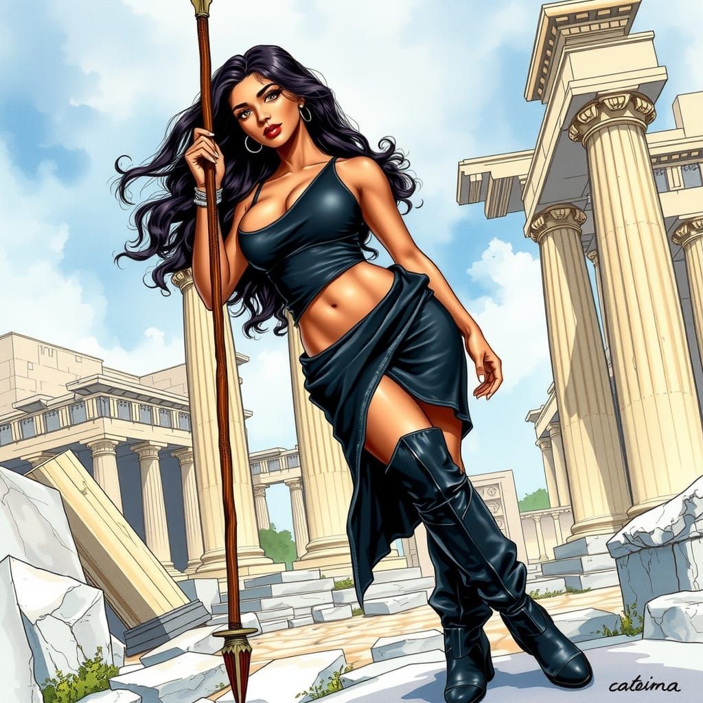 Vibrant Watercolour Goddess in Ancient Greek Ruins