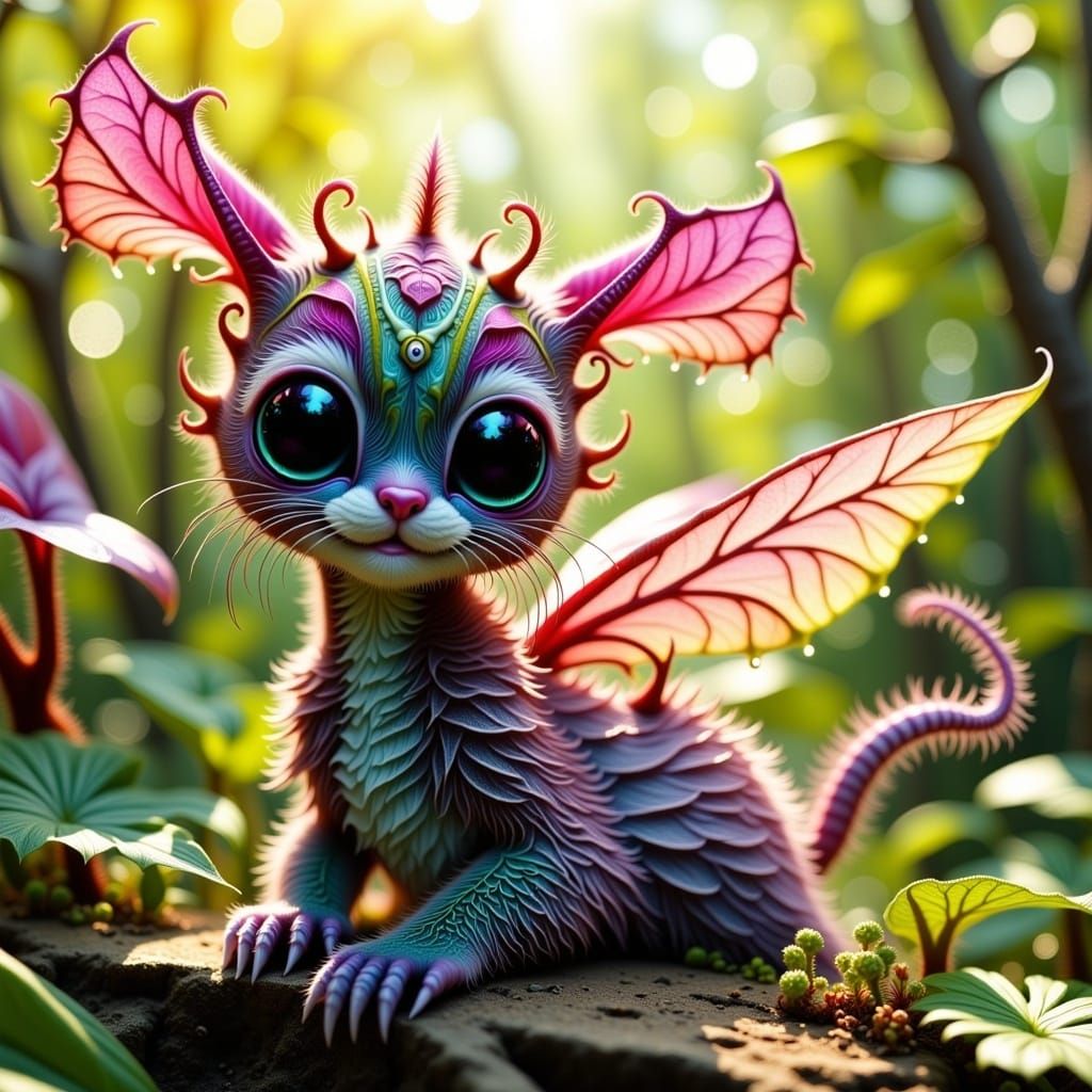 Whimsical Hyperrealistic Fuzzy Cat-Caterpillar in a Lush Bot...