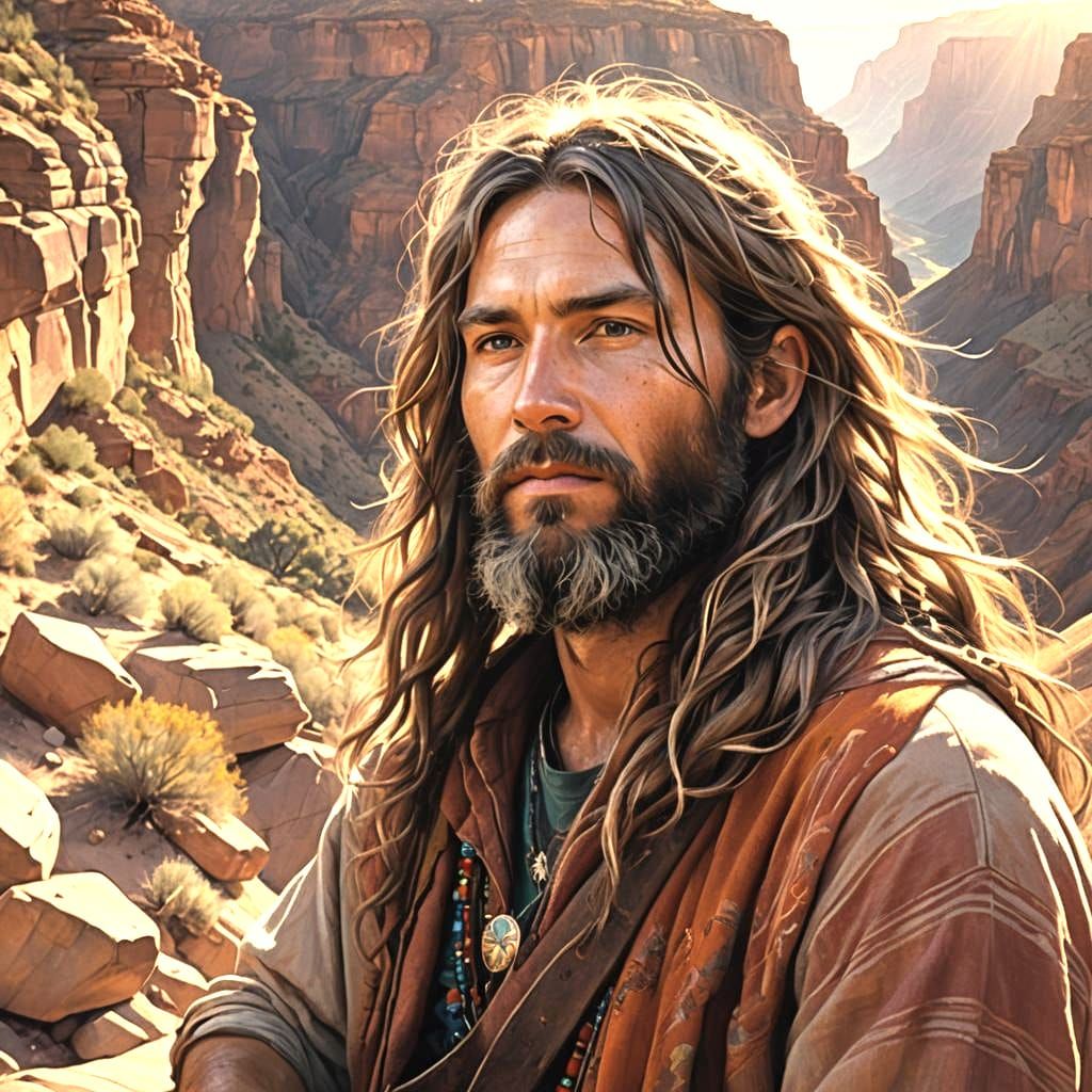 Hippie Musician Relaxing at Canyon Rim in Splash Art