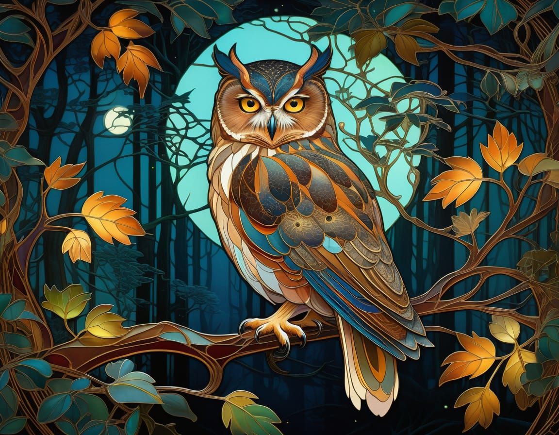 Art Nouveau Owl in Moonlit Forest