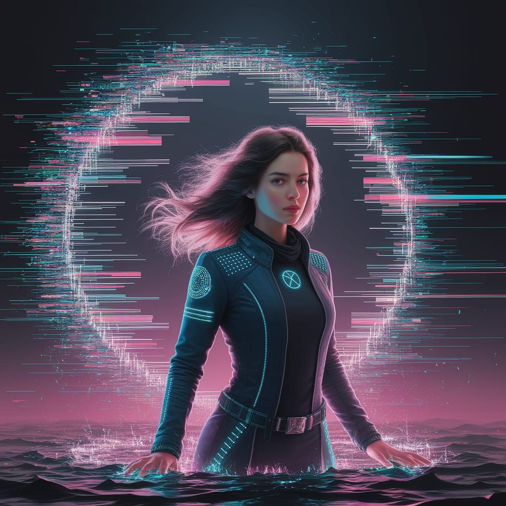 Woman Emerges from Glitching Portal in Cyberpunk Style