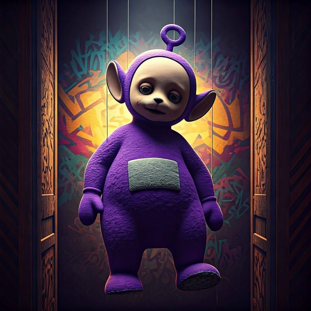 Defeated Teletubby Marionette in Cinematic Darkness