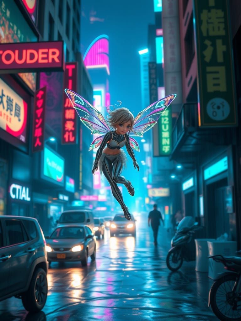 Cybernetic Pixie in Neon Cityscape